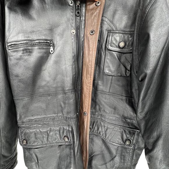 Stratojac Leather Parka Jacket Coat Men's Large Black Brown Hooded Heavy VT - Picture 11 of 16